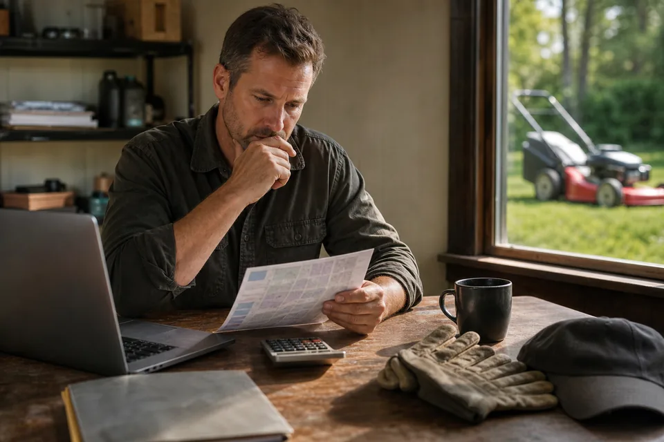 Lawn care business owner at an office desk comparing software plan costs on a laptop with a calculator