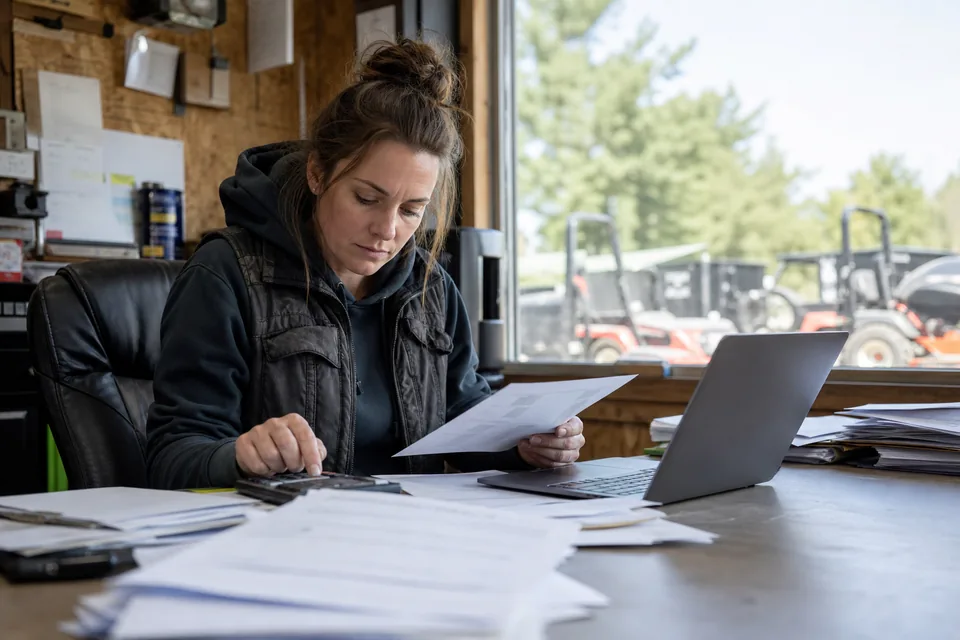 Landscape company owner comparing software subscription costs at her office desk with a calculator