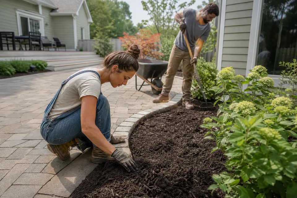 Landscape crew installing mulch and edging around planting beds next to a paver patio