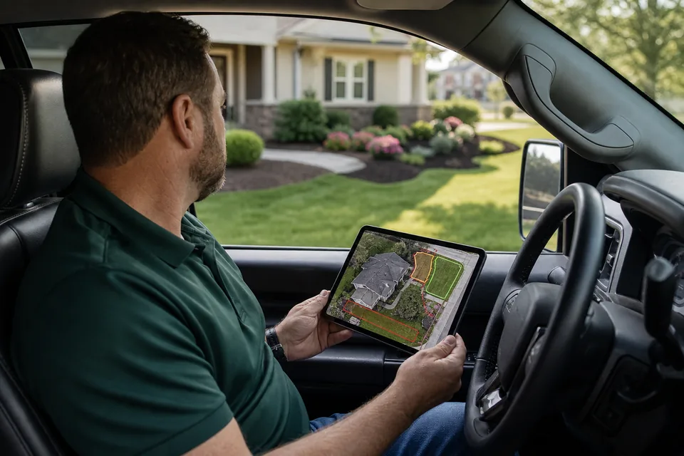 Landscape estimator in a pickup truck measuring a front lawn on a satellite map on a tablet