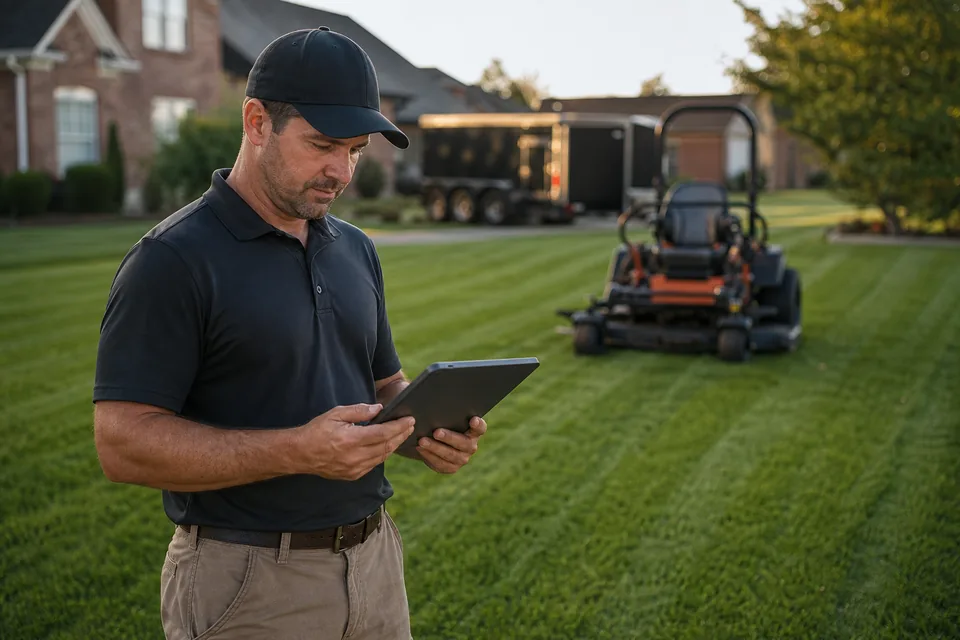Lawn care company owner reviewing a seasonal maintenance contract on a tablet beside a mowed front lawn